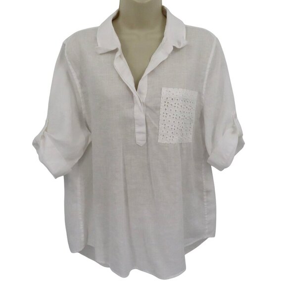 Chicos Women 2 Large 12 White Linen Collar Eyelet Lace Pocket Blouse Shirt Top - Picture 1 of 9